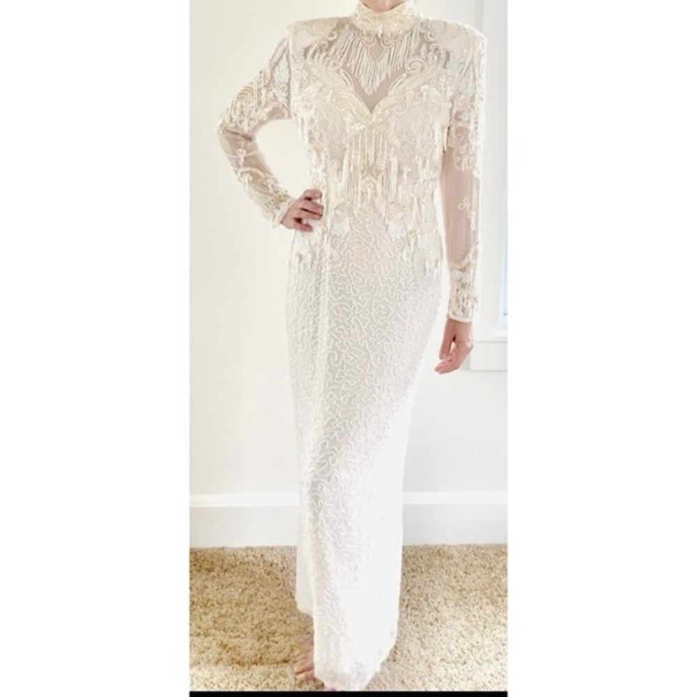 Vintage 80's White Beaded gown Lillie Rubin. Silk Pageant‎ Wedding Dress. Sz 14